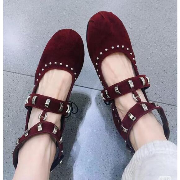 ZARA Leather Studded Ballet Flats NWT | Burgundy Suede Buckle Strap 7.5–8 - Picture 6 of 16